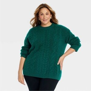 Ava & Viv Long Sleeve Pullover Cable Knit Crewneck Green Sweater